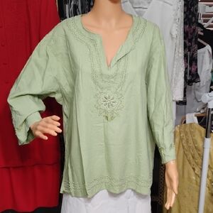 dressbarn Light Green Embroidered Blouse